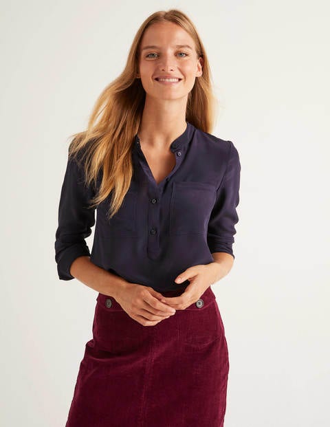 Silk Collarless Blouse - Navy Silk Collarless Blouse - Navy