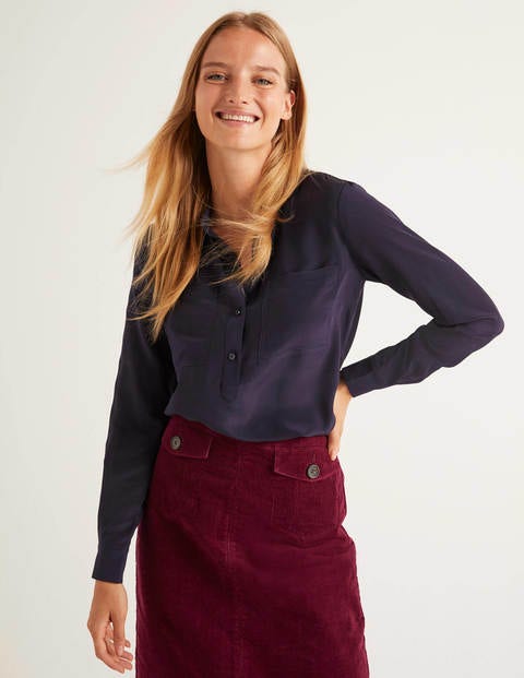 Silk Collarless Blouse - Navy Silk Collarless Blouse - Navy