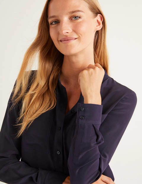 Silk Collarless Blouse - Navy Silk Collarless Blouse - Navy