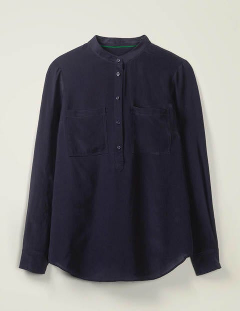 Silk Collarless Blouse - Navy Silk Collarless Blouse - Navy