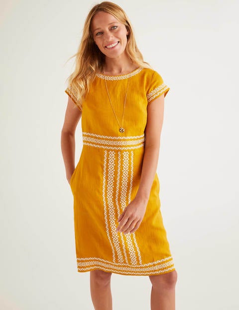 Laura Leinenkleid Mit Stickereien - Sonnengelb Laura Leinenkleid Mit Stickereien - Sonnengelb