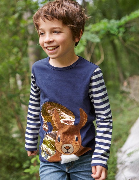 Paillettenoberteil mit Waldtiermotiv - Segelblau, Eichhörnchen Paillettenoberteil mit Waldtiermotiv - Segelblau, Eichhörnchen