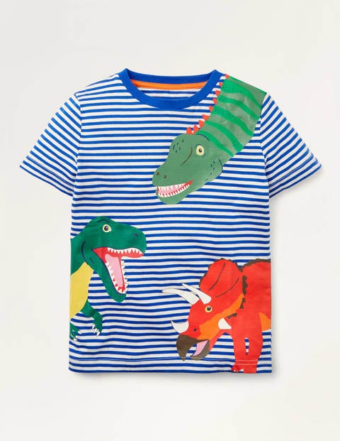 Gestreiftes T-Shirt mit neugierigen Tieren - Blitzblau, Dinos Gestreiftes T-Shirt mit neugierigen Tieren - Blitzblau, Dinos