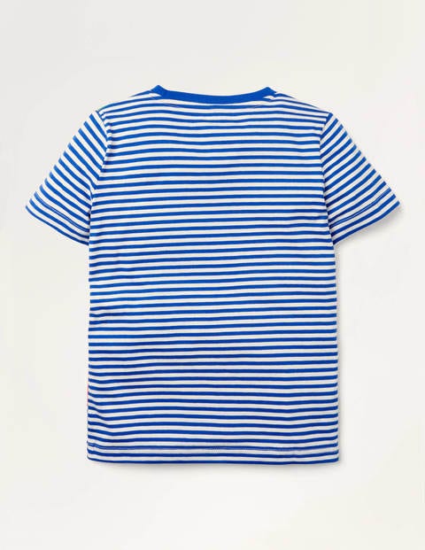 Gestreiftes T-Shirt mit neugierigen Tieren - Blitzblau, Dinos Gestreiftes T-Shirt mit neugierigen Tieren - Blitzblau, Dinos