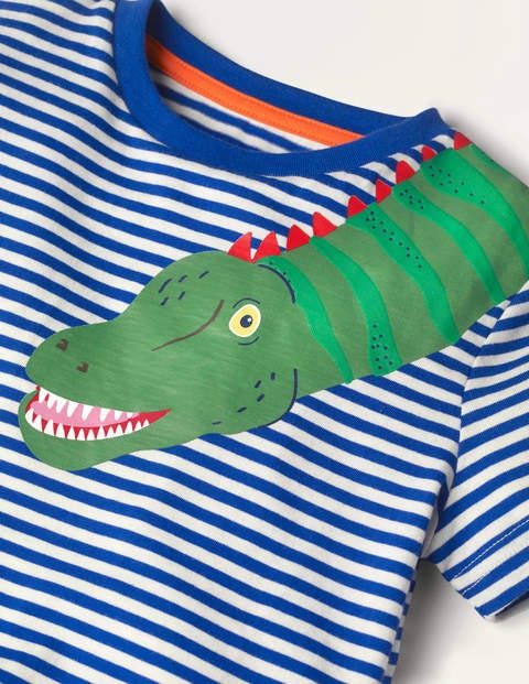 Gestreiftes T-Shirt mit neugierigen Tieren - Blitzblau, Dinos Gestreiftes T-Shirt mit neugierigen Tieren - Blitzblau, Dinos