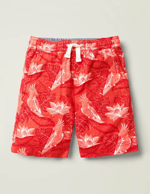 Short à enfiler en toile délavée - Motif Parakeet Palm rouge hibiscus Short à enfiler en toile délavée - Motif Parakeet Palm rouge hibiscus
