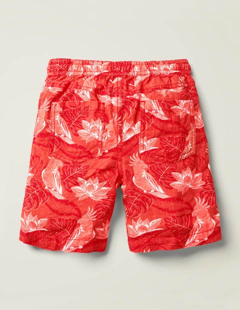 Short à enfiler en toile délavée - Motif Parakeet Palm rouge hibiscus Short à enfiler en toile délavée - Motif Parakeet Palm rouge hibiscus