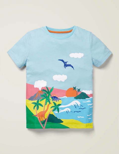 T-Shirt Mit Tropenszene - Helles Himmelblau, Dinoszene T-Shirt Mit Tropenszene - Helles Himmelblau, Dinoszene