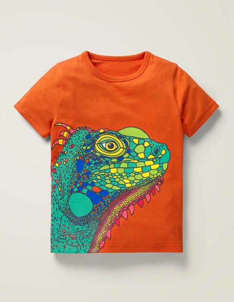 Strukturiertes T-Shirt Mit Buntem Tier - Mandarinenorange, Leguan Strukturiertes T-Shirt Mit Buntem Tier - Mandarinenorange, Leguan