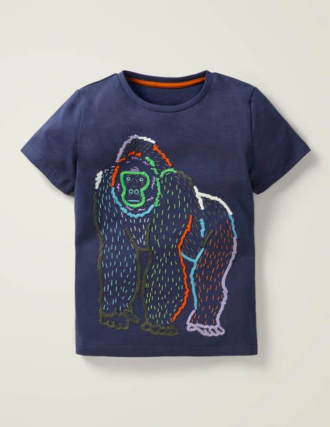T-Shirt Mit Wildtierstickerei - Schuluniform-Navy, Gorilla T-Shirt Mit Wildtierstickerei - Schuluniform-Navy, Gorilla