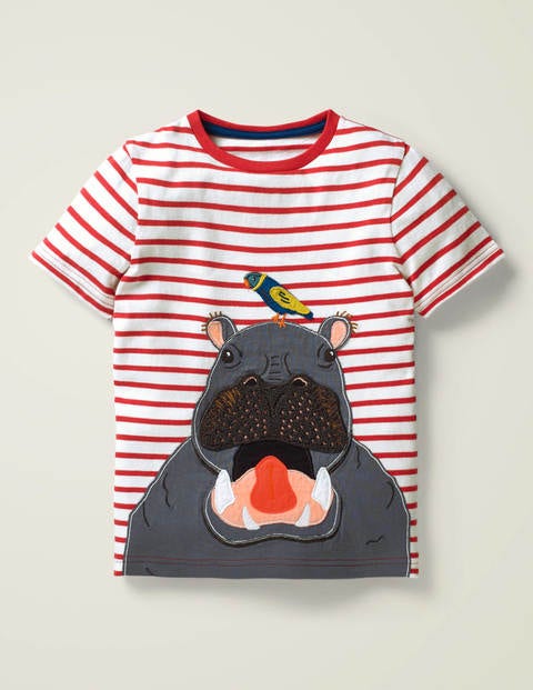 Wild Animal Appliqué T-Shirt - Cherry Tomato Red/White Hippo