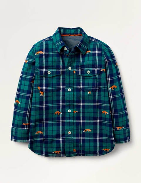 Chemise à carreaux brodée cosy - Renards vert forêt Chemise à carreaux brodée cosy - Renards vert forêt