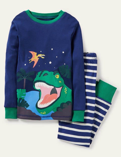 Cosy Long John Pajamas - Starboard Blue Dino Scene Cosy Long John Pajamas - Starboard Blue Dino Scene
