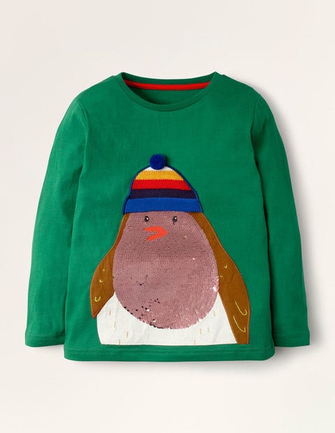 Weihnachtliches T-Shirt mit Pailletten - Waldgrün, Rotkehlchen Weihnachtliches T-Shirt mit Pailletten - Waldgrün, Rotkehlchen