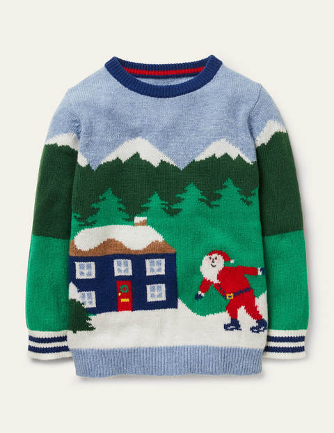 Christmas Crew Neck Sweater - Blue Marl Mountain Scene