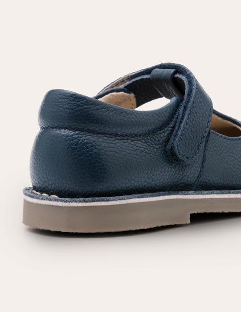 Leather T-bar Flats - Navy
