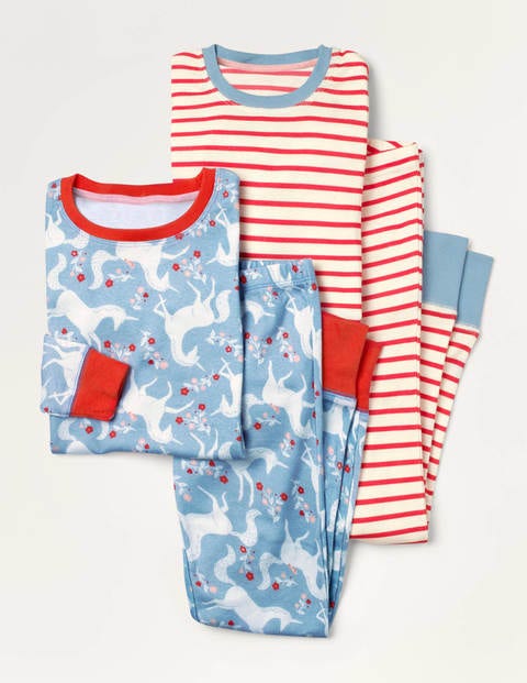 Twin Pack Long John Pyjamas - Blue Unicorn/ Red Stripe Twin Pack Long John Pyjamas - Blue Unicorn/ Red Stripe