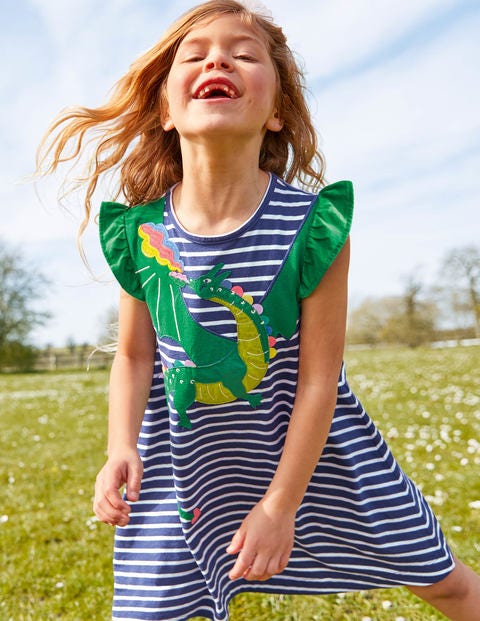 Flutter Sleeve Appliqué Dress - Starboard Blue/Ivory Dragon Flutter Sleeve Appliqué Dress - Starboard Blue/Ivory Dragon