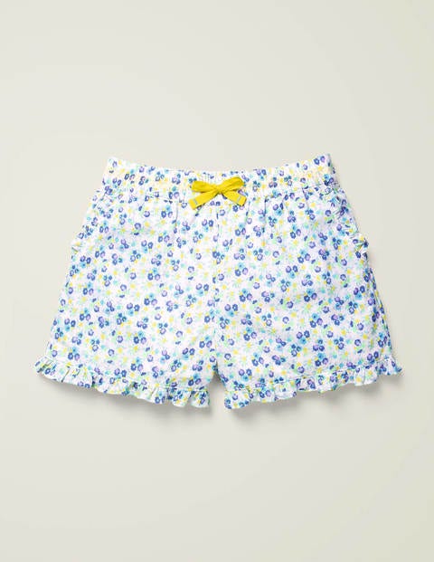 Shorts mit gerüschtem Saum - Himmelblau, Vintage-Blumenmuster Shorts mit gerüschtem Saum - Himmelblau, Vintage-Blumenmuster