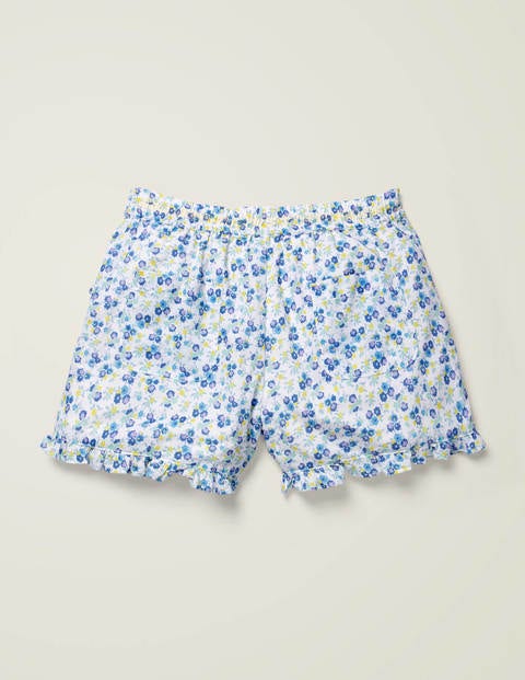 Shorts mit gerüschtem Saum - Himmelblau, Vintage-Blumenmuster Shorts mit gerüschtem Saum - Himmelblau, Vintage-Blumenmuster