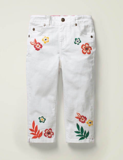 Bestickte Caprihose - Weiß, Blumenmuster Bestickte Caprihose - Weiß, Blumenmuster