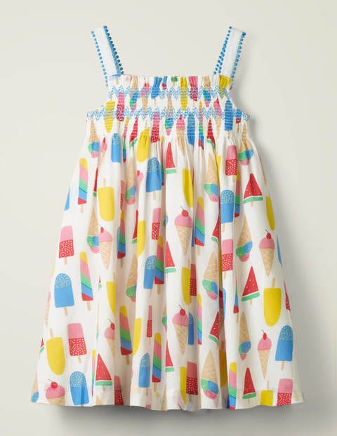 Gemustertes Kleid mit Bommelborte - Bunt, Eiscreme Gemustertes Kleid mit Bommelborte - Bunt, Eiscreme