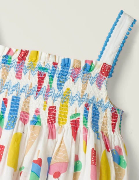 Gemustertes Kleid mit Bommelborte - Bunt, Eiscreme Gemustertes Kleid mit Bommelborte - Bunt, Eiscreme