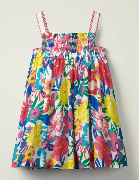 Gemustertes Kleid mit Bommelborte - Bunt, Tropenblüten Gemustertes Kleid mit Bommelborte - Bunt, Tropenblüten