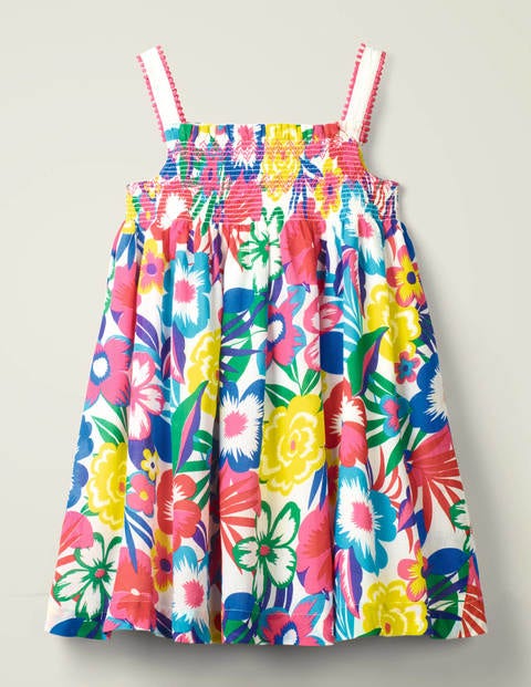 Gemustertes Kleid mit Bommelborte - Bunt, Tropenblüten Gemustertes Kleid mit Bommelborte - Bunt, Tropenblüten