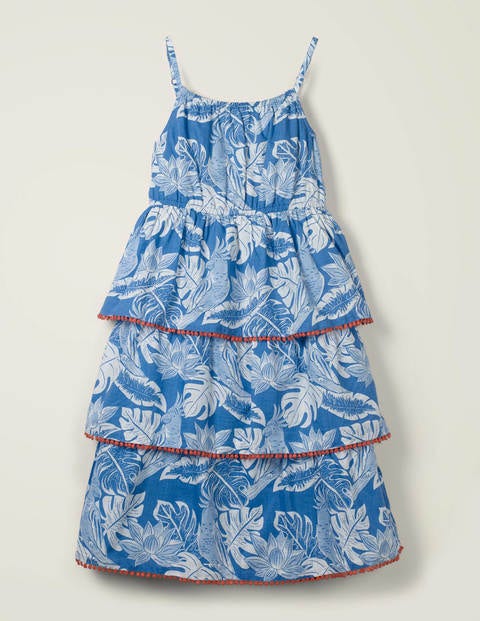Tiered Woven Dress - Sky Blue Parakeet Palm Tiered Woven Dress - Sky Blue Parakeet Palm