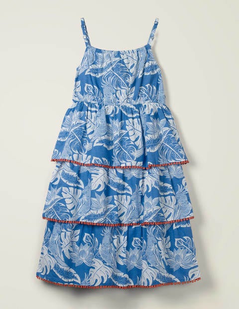Tiered Woven Dress - Sky Blue Parakeet Palm Tiered Woven Dress - Sky Blue Parakeet Palm