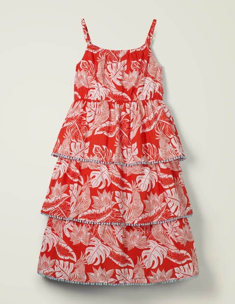 Tiered Woven Dress - Mallow Red Parakeet Palm Tiered Woven Dress - Mallow Red Parakeet Palm