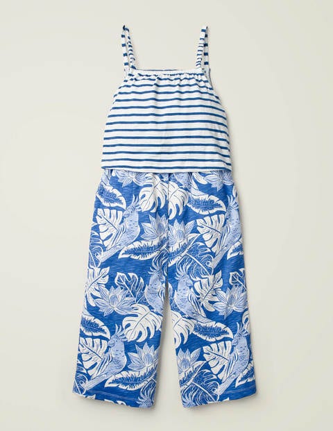Tie Detail Jersey Jumpsuit - Sky Blue Parakeet Palm Tie Detail Jersey Jumpsuit - Sky Blue Parakeet Palm