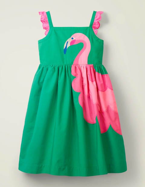 Embellished Frill Sleeve Dress - Emerald Green Flamingo