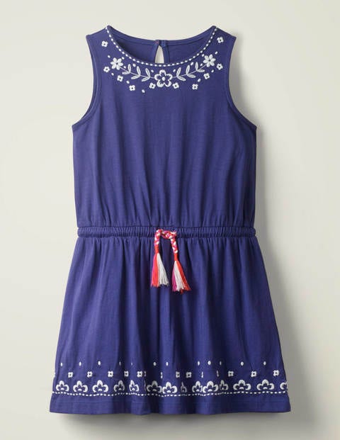 Robe brodée nouée à la taille - Bleu indigo Robe brodée nouée à la taille - Bleu indigo
