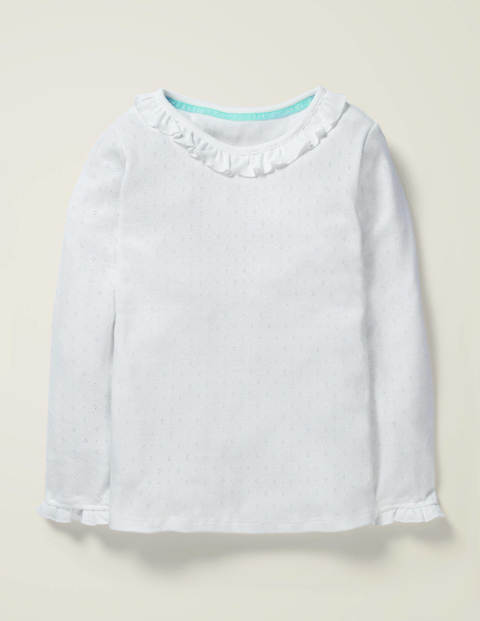 Ruffle Neck Pointelle Top - White Ruffle Neck Pointelle Top - White