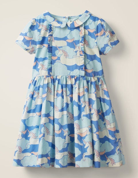 Nostalgisches Gemustertes Kleid Mit Kragen - Dezentes Blau, Einhörner/Himmel Nostalgisches Gemustertes Kleid Mit Kragen - Dezentes Blau, Einhörner/Himmel
