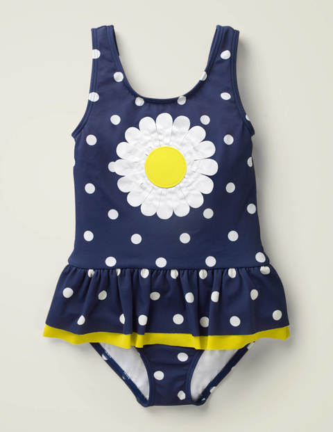 Origineller Badeanzug Mit Applikation - Tiefseeblau/Naturweiß, Getupft/Gänseblümchen Origineller Badeanzug Mit Applikation - Tiefseeblau/Naturweiß, Getupft/Gänseblümchen