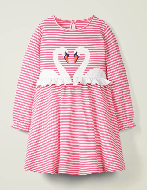 Fun Appliqué Jersey Dress - Camelia Pink Stripe Swans Fun Appliqué Jersey Dress - Camelia Pink Stripe Swans