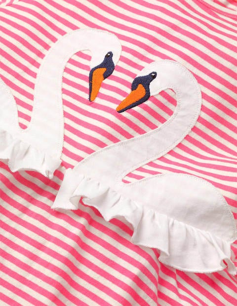 Fun Appliqué Jersey Dress - Camelia Pink Stripe Swans Fun Appliqué Jersey Dress - Camelia Pink Stripe Swans