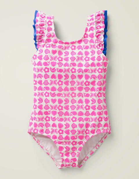 Shoulder Frill Swimsuit - Neon Pink Maritime Geo Shoulder Frill Swimsuit - Neon Pink Maritime Geo