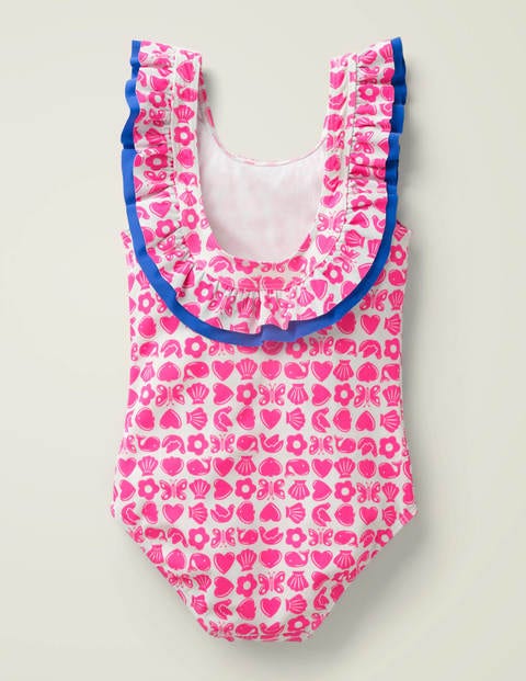 Shoulder Frill Swimsuit - Neon Pink Maritime Geo Shoulder Frill Swimsuit - Neon Pink Maritime Geo