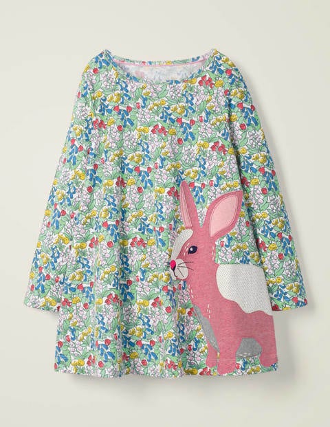 Langärmliges Kleid Mit Applikation - Naturweiß, Frühlingsblumen/Häschen Langärmliges Kleid Mit Applikation - Naturweiß, Frühlingsblumen/Häschen