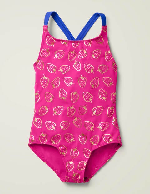Cross-Back Swimsuit - Fuchsia Gold Foil Strawberry Cross-Back Swimsuit - Fuchsia Gold Foil Strawberry