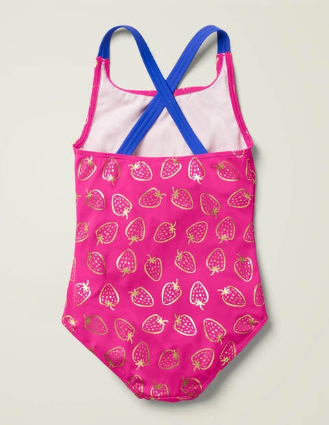 Cross-Back Swimsuit - Fuchsia Gold Foil Strawberry Cross-Back Swimsuit - Fuchsia Gold Foil Strawberry