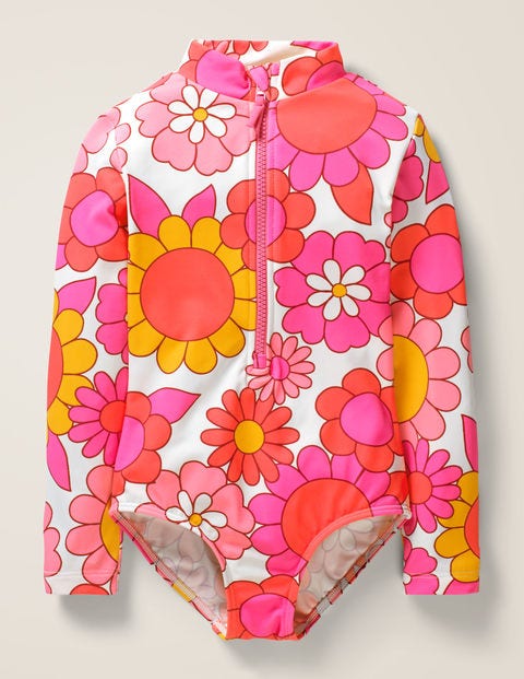 Long-Sleeved Swimsuit - Camelia Pink Sixties Floral Long-Sleeved Swimsuit - Camelia Pink Sixties Floral