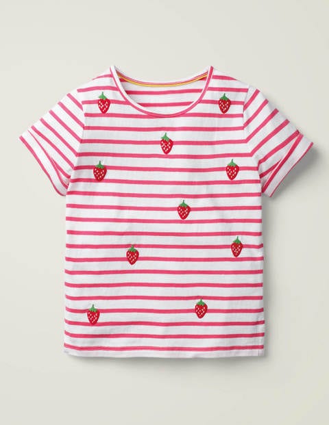 Stripy Embroidered T-Shirt - White/Camellia Pink Strawberry Stripy Embroidered T-Shirt - White/Camellia Pink Strawberry