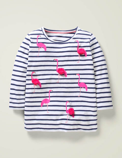 Tulle Detail Appliqué Top - White/Indigo Navy Flamingoes
