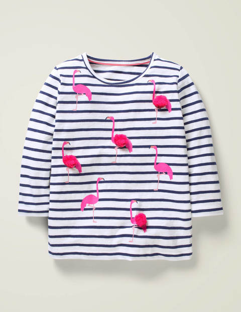 Oberteil Mit Tülldetail Und Applikation - Weiß/Indigoblau, Flamingos Oberteil Mit Tülldetail Und Applikation - Weiß/Indigoblau, Flamingos