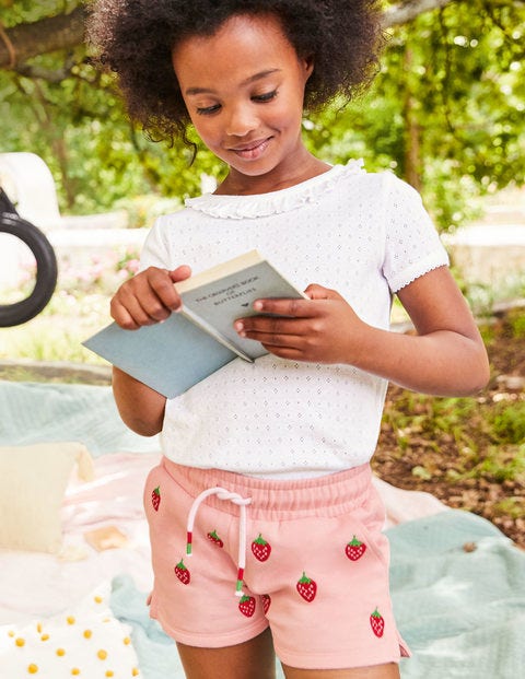 Jersey Embroidered Shorts - Boto Pink Strawberries Jersey Embroidered Shorts - Boto Pink Strawberries